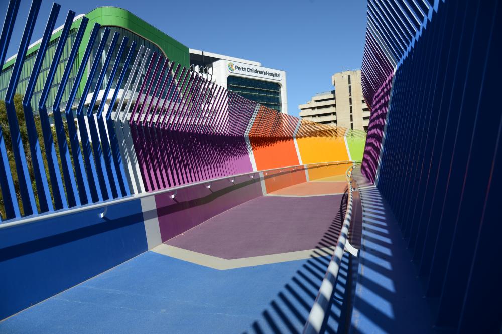 Rainbow-coloured walkway of Koolangka Bridge (The Kids' Bridge) going from Perth Children's Hospital to Kings Park.