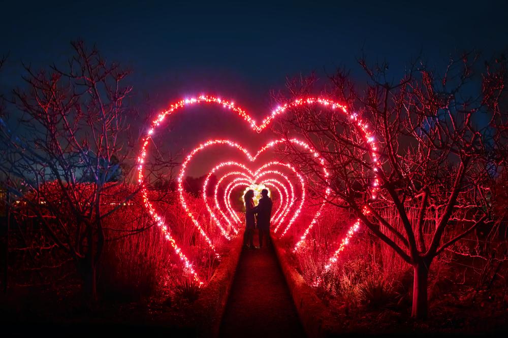 A couple standing under glowing heart arches.