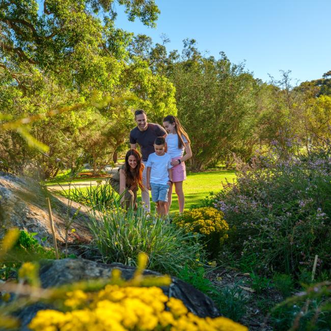 Family at the WA Botanic Garden entrance beds